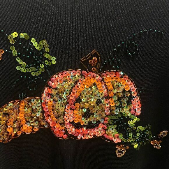 Sweaterworks Sweater Size L Sequins Pumpkin Black Long Sleeve Fall Halloween - Picture 2 of 8